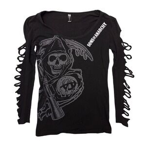 ❌❌❌SOLD❌❌❌ Y2K Sons of Anarchy Women Black Shredded Sleeve Graphic Long Sleeve